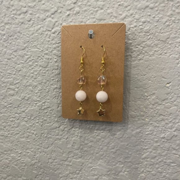 Rose Quartz + Stars Beaded Wire Earrings | Pink & Gold | Handmade - Picture 1 of 4